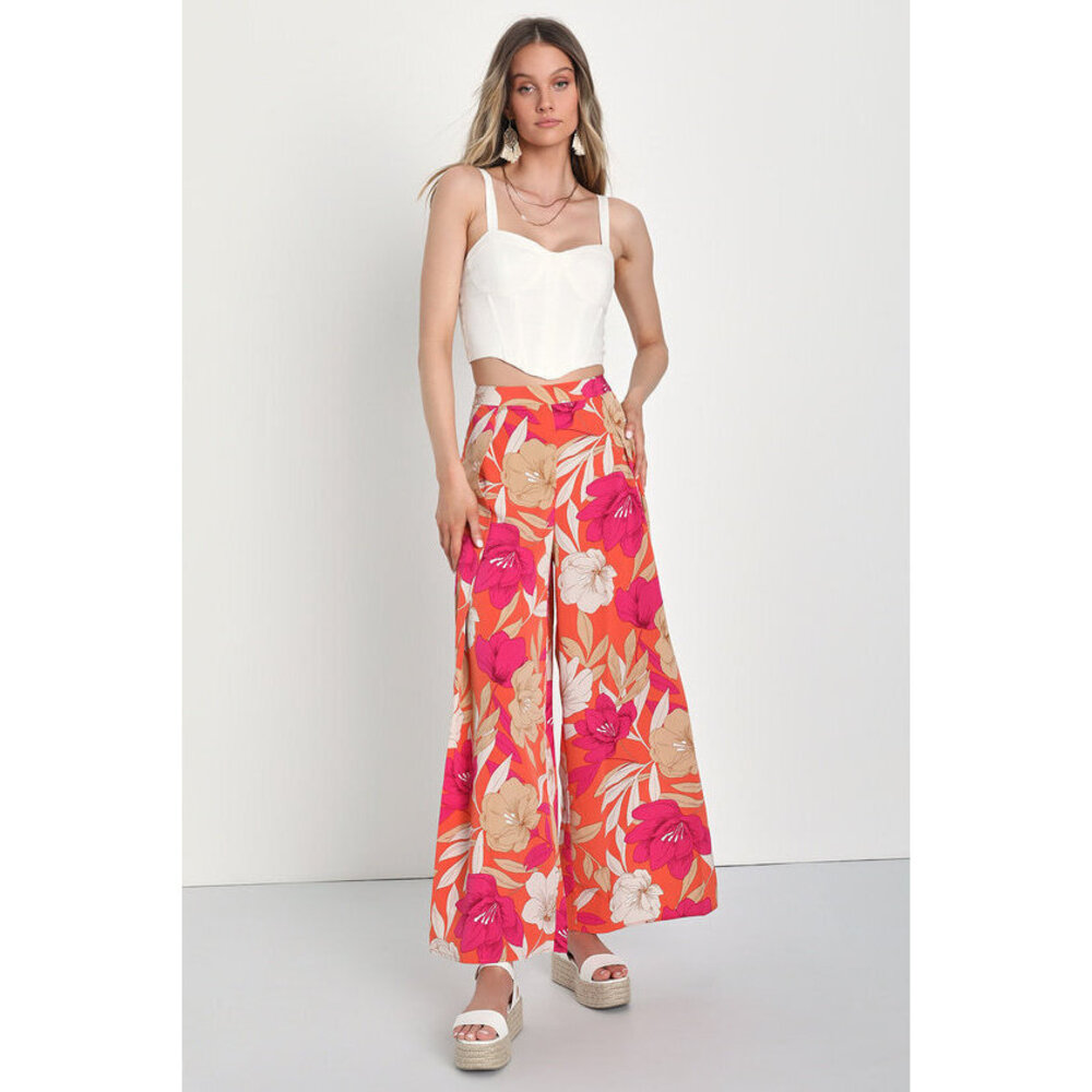 Lulus Blissful Vacay Orange Floral Print Side Slit Pants - Size XL